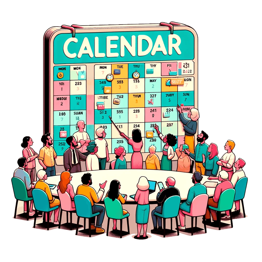 Picture of diverse people trying to plan event on the calendar